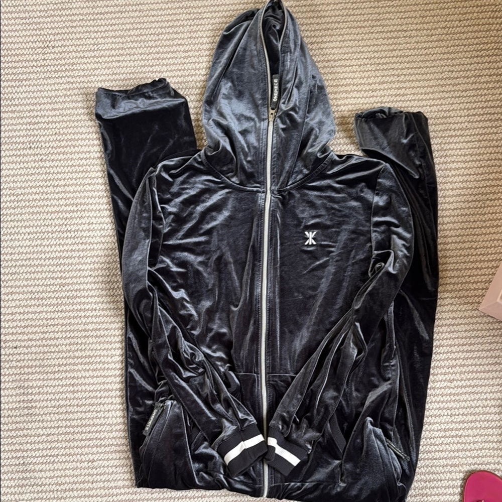 Onepiece Dark Gray Velour Hooded Jumpsuit with White Stripe Cuffs